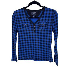 Chaps Henley Shirt Womens XS Blue Black Plaid‎ 100% Cotton